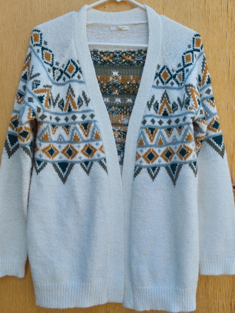 Open-Front Fair Isle Cardigan Sweater - Cream with Mustard & Teal